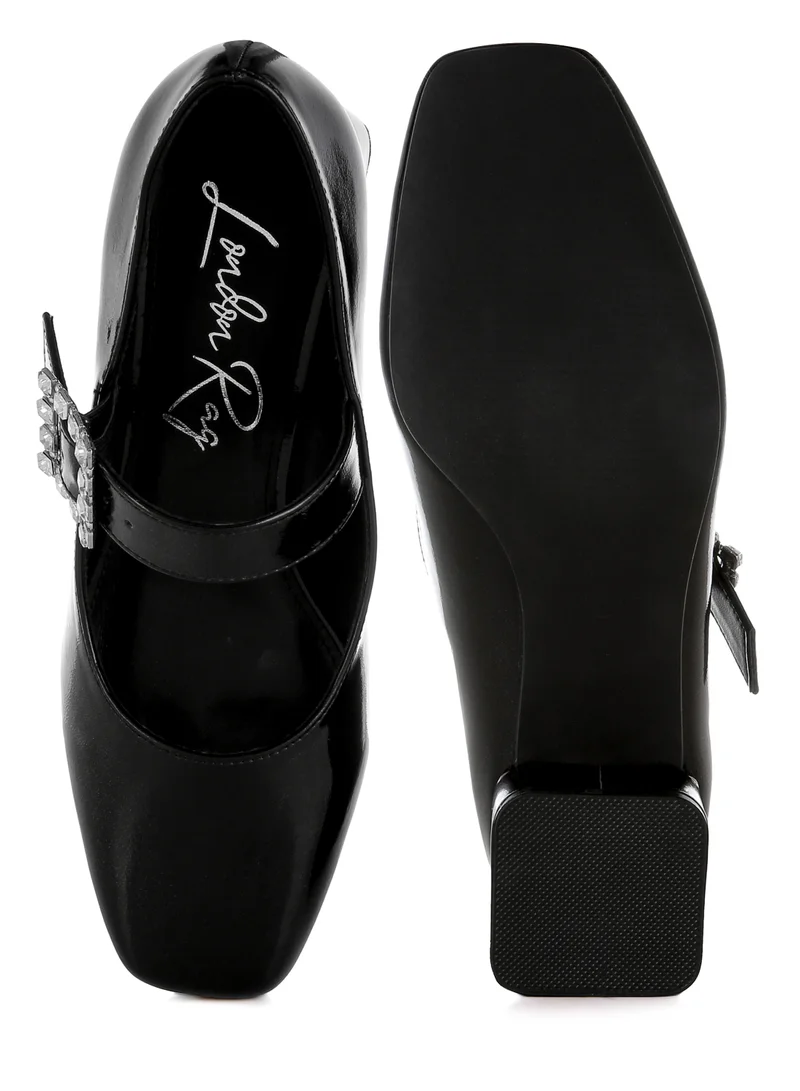 London Rag Diamante Brooch Metallic Mary Jane Pumps in Black