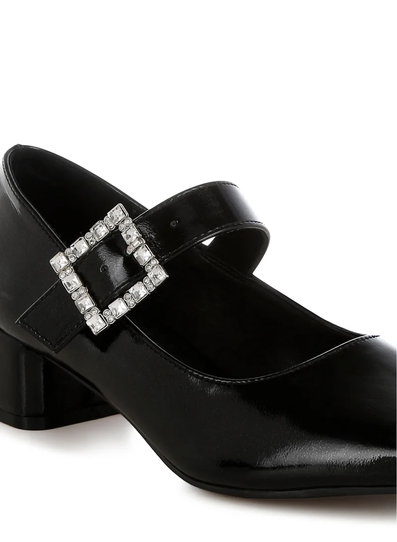 London Rag Diamante Brooch Metallic Mary Jane Pumps in Black