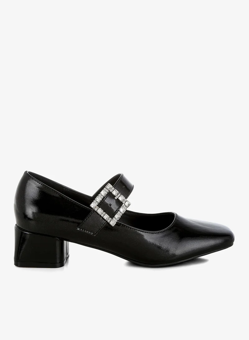 Diamante Brooch Metallic Mary Jane Pumps in Black