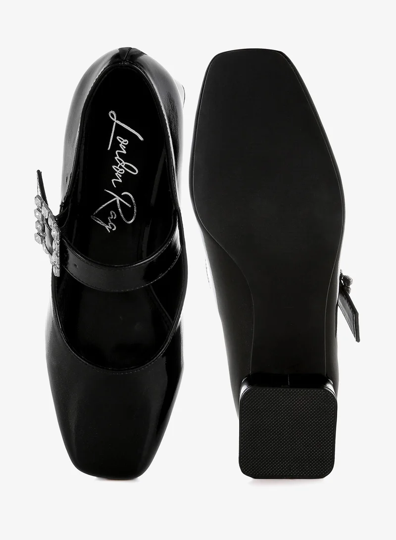 London Rag Diamante Brooch Metallic Mary Jane Pumps in Black