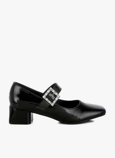 London Rag Diamante Brooch Metallic Mary Jane Pumps in Black