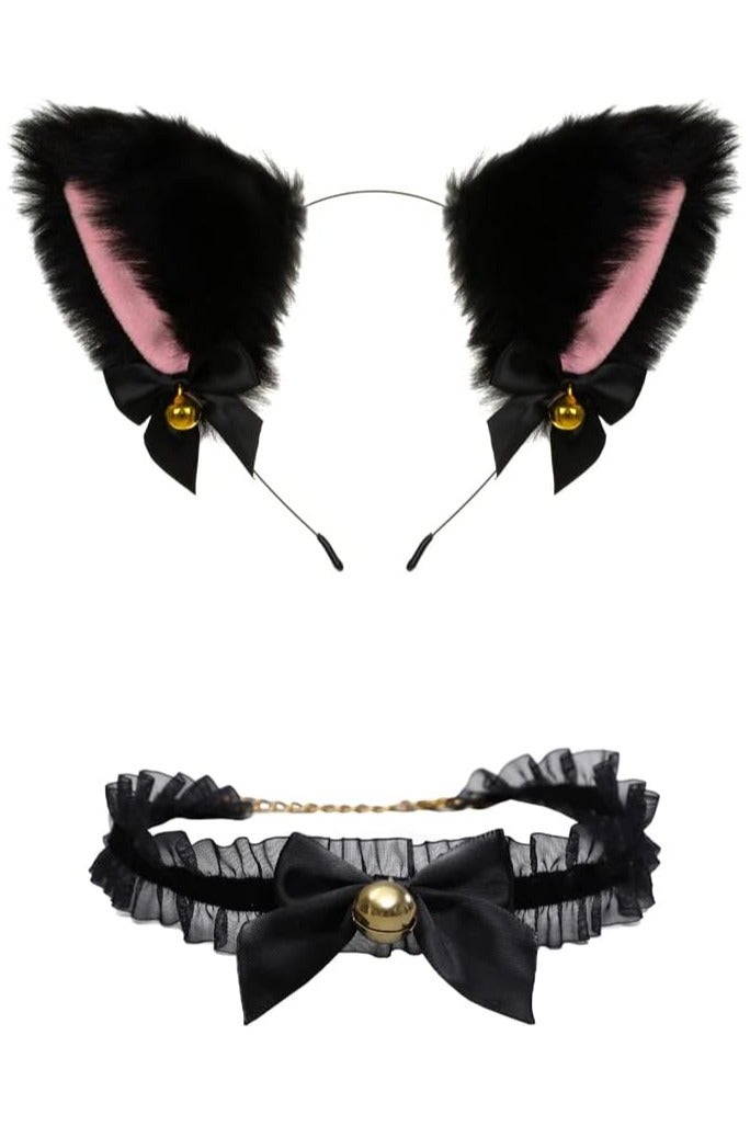 HaDoii 2pcs Set: Choker Necklace & Faux Fur Cat-Ear & Dog-Ear Headbands - Lovely Flexible Accessories for Halloween Cosplay Party - Image 1