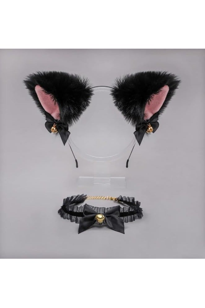 HaDoii 2pcs Set: Choker Necklace & Faux Fur Cat-Ear & Dog-Ear Headbands - Lovely Flexible Accessories for Halloween Cosplay Party - Image 2