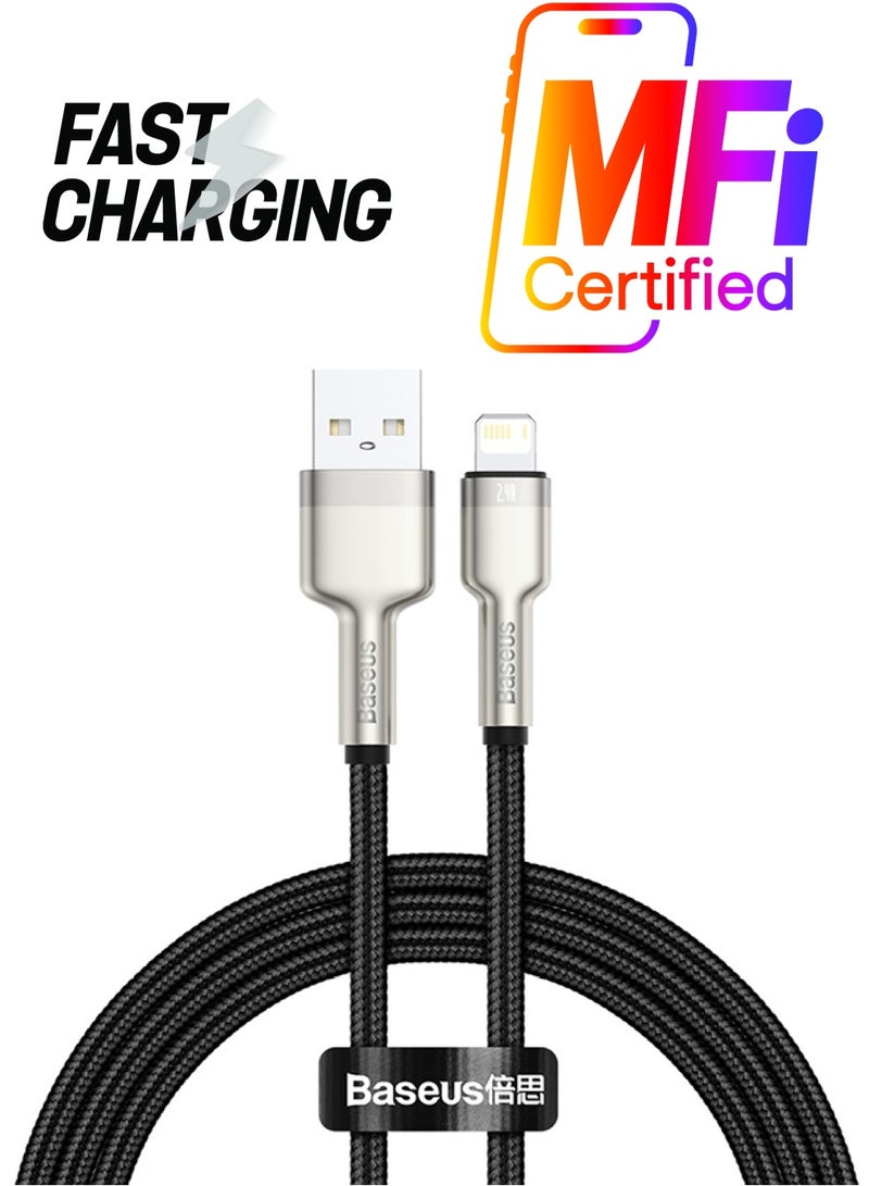 بيسوس كابل للشحن السريع ونقل البيانات من مجموعة كافول من النايلون بتصميم مضفر ومنفذ USB-A إلى منفذ Lightning بقدرة 2.4 أمبير مناسب لهواتف آيفون 13/13 برو/13 برو ماكس/13 ميني وآي باد 9 وهواتف آيفون 12/12 ميني/12 برو والمزيد (متر واحد) أسود/فضي - Image 1
