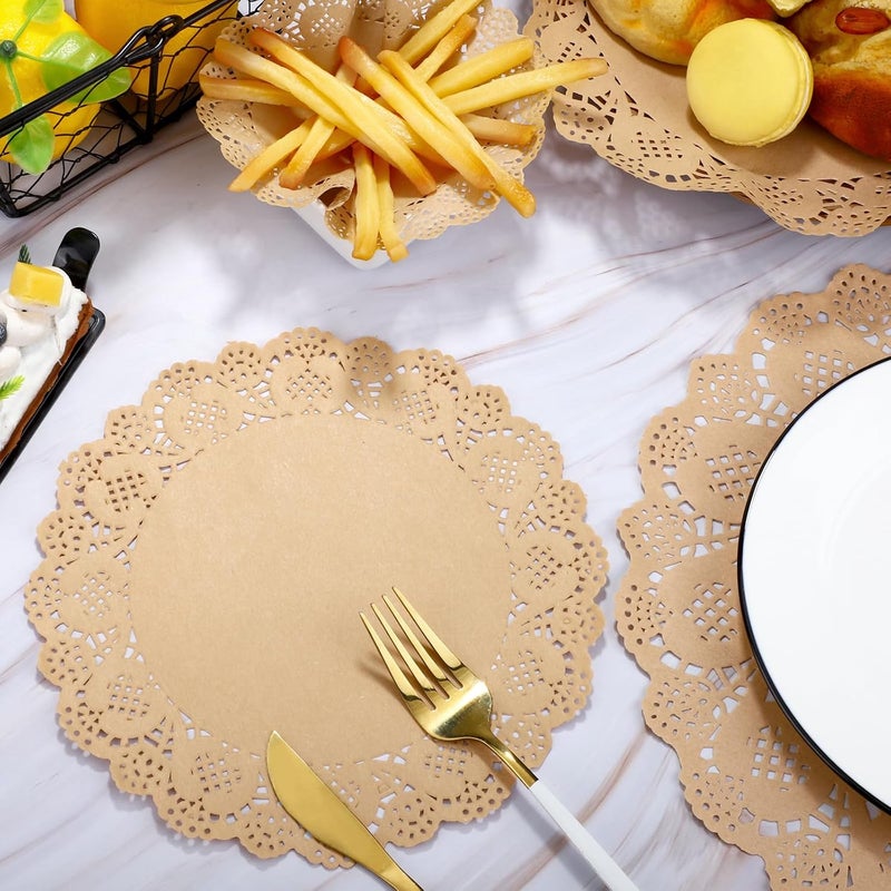 Aodaer 200 Pack Round Brown Lace Paper Doilies Disposable Decorative Paper Placemats Assorted Size 6.5, 8.5, 10.5, 12 inch Table Paper Pad Mats for Buffet Cake Food Party Wedding Tableware Decoration - Image 5