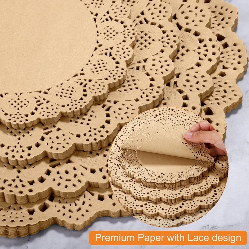 Aodaer 200 Pack Round Brown Lace Paper Doilies Disposable Decorative Paper Placemats Assorted Size 6.5, 8.5, 10.5, 12 inch Table Paper Pad Mats for Buffet Cake Food Party Wedding Tableware Decoration - Image 3