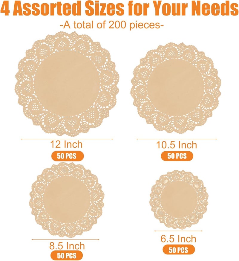 Aodaer 200 Pack Round Brown Lace Paper Doilies Disposable Decorative Paper Placemats Assorted Size 6.5, 8.5, 10.5, 12 inch Table Paper Pad Mats for Buffet Cake Food Party Wedding Tableware Decoration - Image 2