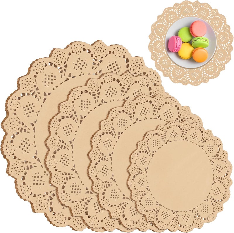 Aodaer 200 Pack Round Brown Lace Paper Doilies Disposable Decorative Paper Placemats Assorted Size 6.5, 8.5, 10.5, 12 inch Table Paper Pad Mats for Buffet Cake Food Party Wedding Tableware Decoration - Image 1