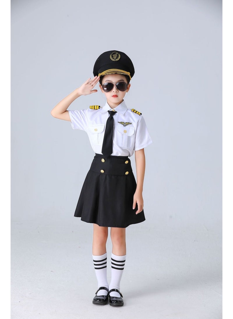 Airline Crew Uniform - Career Day Dress-Up for Kids  (Set includes: Short-sleeve top + Skirt + Socks + Sunglasses + Hat + Tie + Epaulet & Badge) -Size: 140cm - Image 1