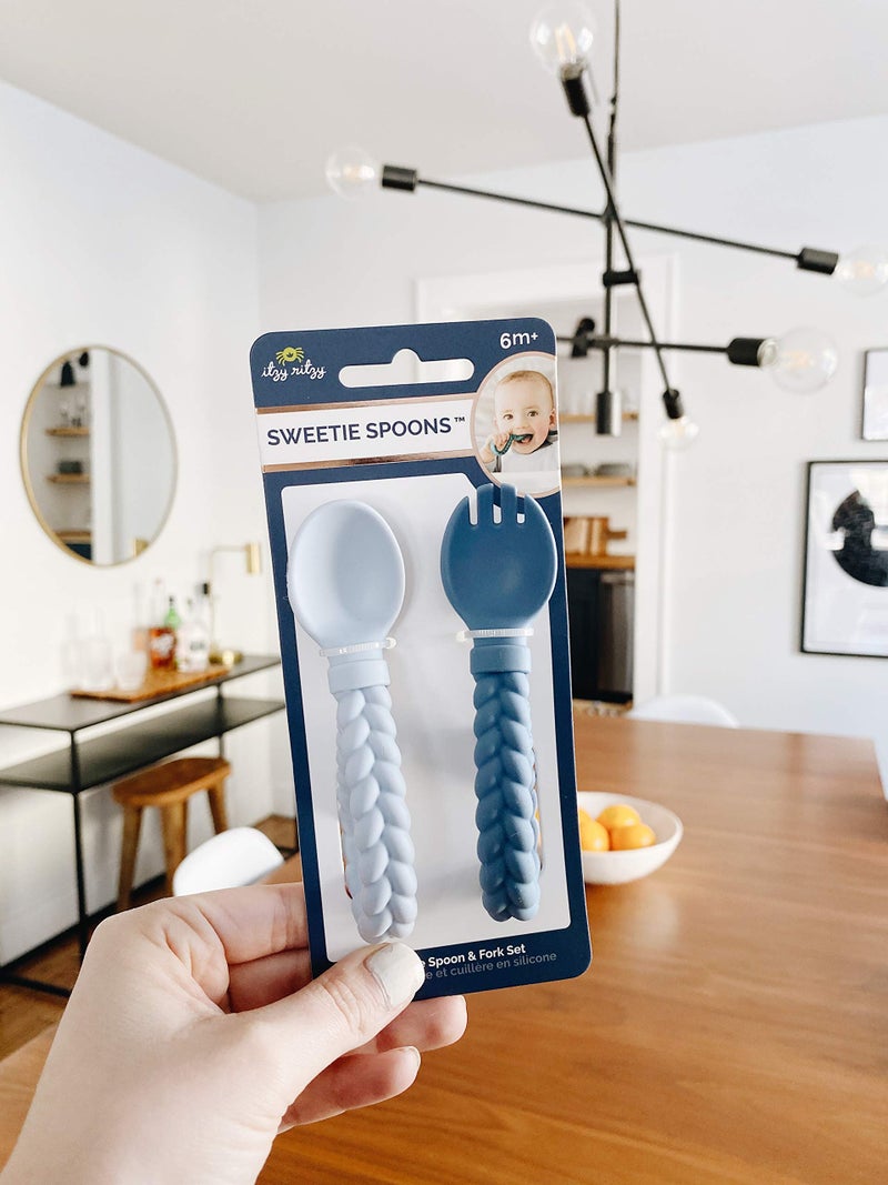 Itzy Ritzy Silicone Spoon & Fork Set; Baby Utensils Featuring A Baby Fork And Spoon With Looped  Braided Handles - Made Of 100% Food Grade Silicone & Bpa-Free - Ages 6 Months And Up (Blue) - Image 3