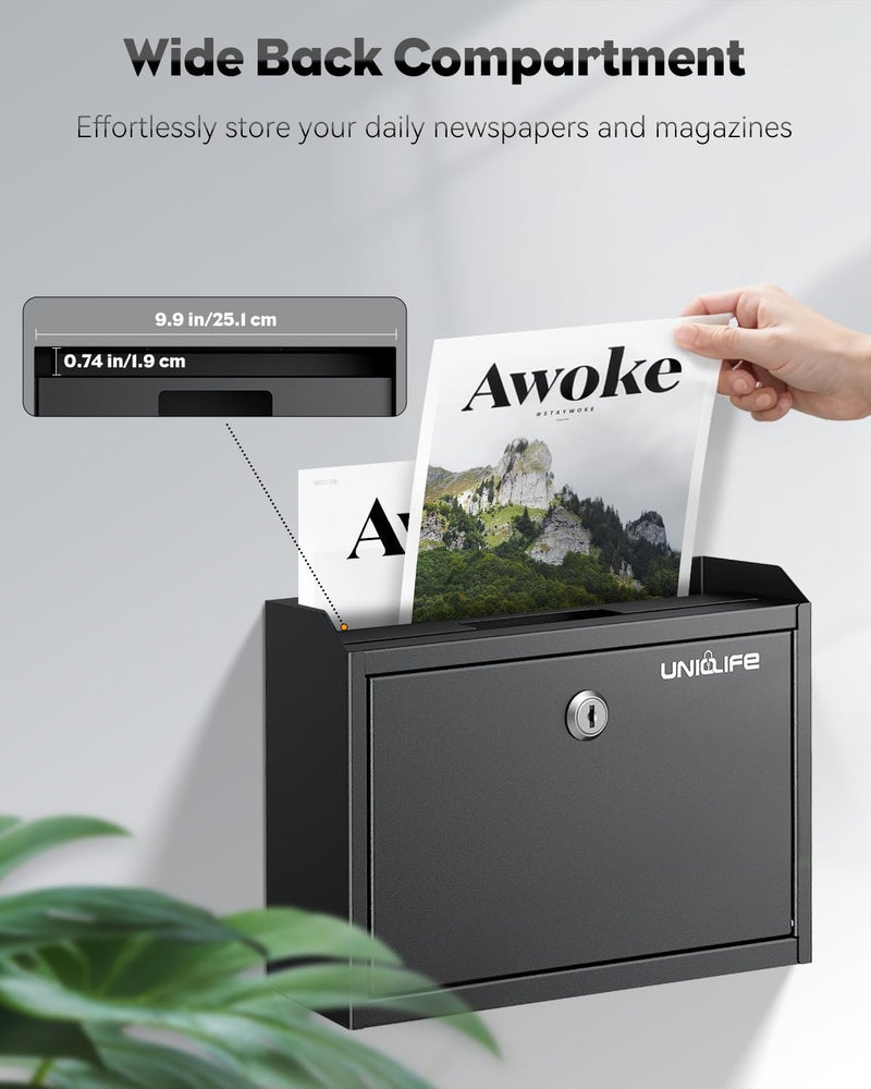 Uniclife Wall Mounted Mailbox with Key Lock & Newspaper Holder, Suggestion Box with Top Slots, Key Drop Box, Safe Lock Box, Metal Donation Box, Ballot Box for Office Business Activity - Image 5