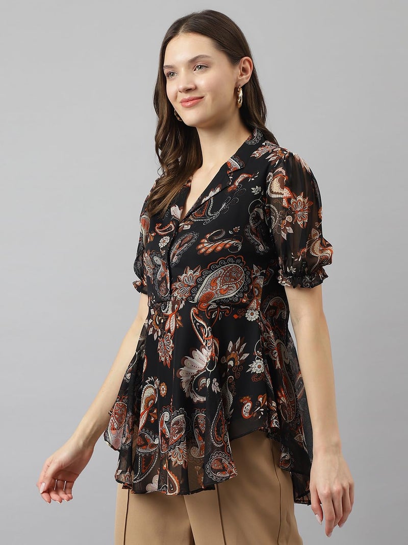 Toochki Black Georgette Paisley Printed Flared Western top for Women's Suitable to wear in Summer with Latest Trending Style - Image 2