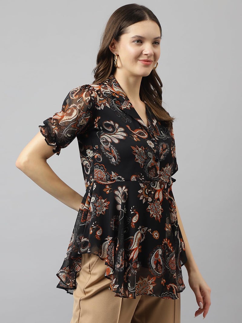 Toochki Black Georgette Paisley Printed Flared Western top for Women's Suitable to wear in Summer with Latest Trending Style - Image 3