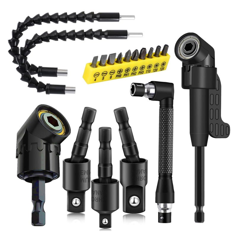 CIGOTU 18Pcs Flexible Drill Bit Extension Include 3Pcs Rotatable Socket Adapter 2Pcs 105 Right Angle Drill Attachment 10 Short Screwdriver Bits 90 Angled Bits and 2 Bendable Extension Tool - Image 2