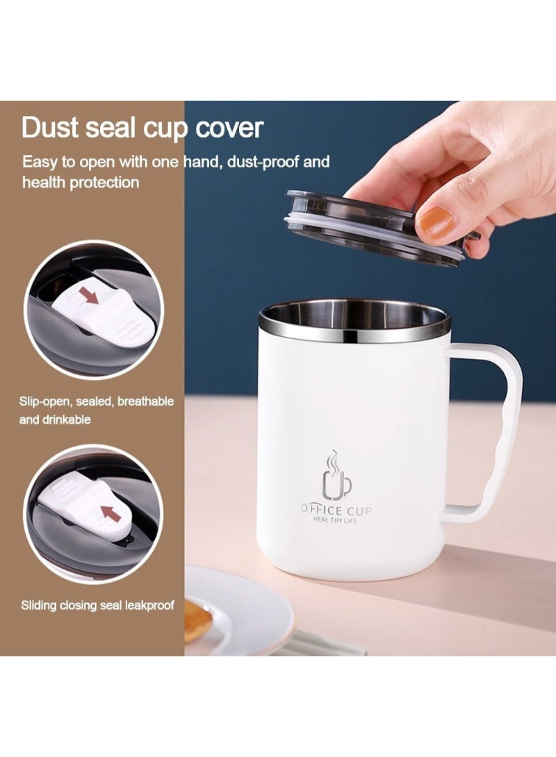 AROAQ Stainless Steel Double Layers Coffee Mug Milk Cup With Plastic Lid And Handle 500ml White - Image 2