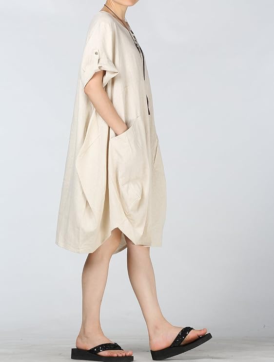 Minibee Women's Ruffle Oversize Casual Midi Dresses with Pockets (XL, Beige) - Image 3