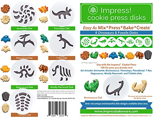 Impress! cookie press disks Impress Cookie Press Disks – Dinosaurs & Fossils Set of 8, Food Safe Plastic Shapes w/Trilobite, T-Rex, & More, Fits Many Manual Models - See Disk Sizing Image to ensure fit with your press - Image 2