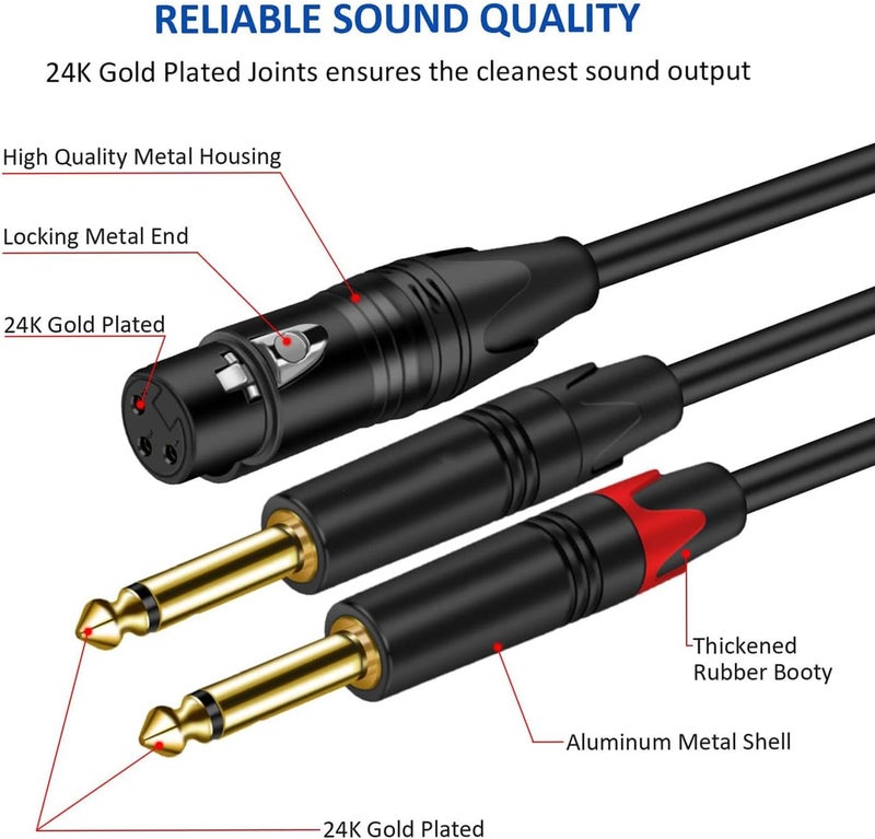 Luckam كابل ميكروفون 6.35 مم 1/4 بوصة إلى XLR - موصل صوتي Y مفرد ذكر إلى أنثى - محول XLR 3 دبابيس إلى ثنائي TS ذكر - 3 أقدام - Image 2