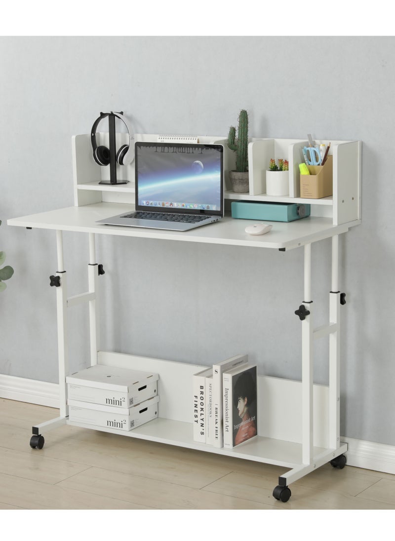 JANTENS - Adjustable Height Study Desk with Hutch Bookshelf White 100x85x50 cm - Image 1