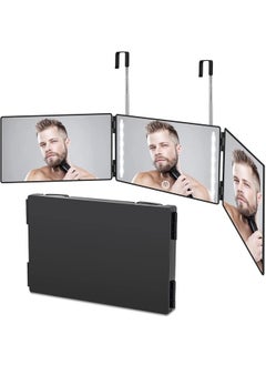 PADOM Padom 3 Way Mirror for Hair Cutting - Rechargeable 360° Barber Mirror with Adjustable Lights & Height Telescoping Hooks, Trifold Self Cut Mirror  - Image 1