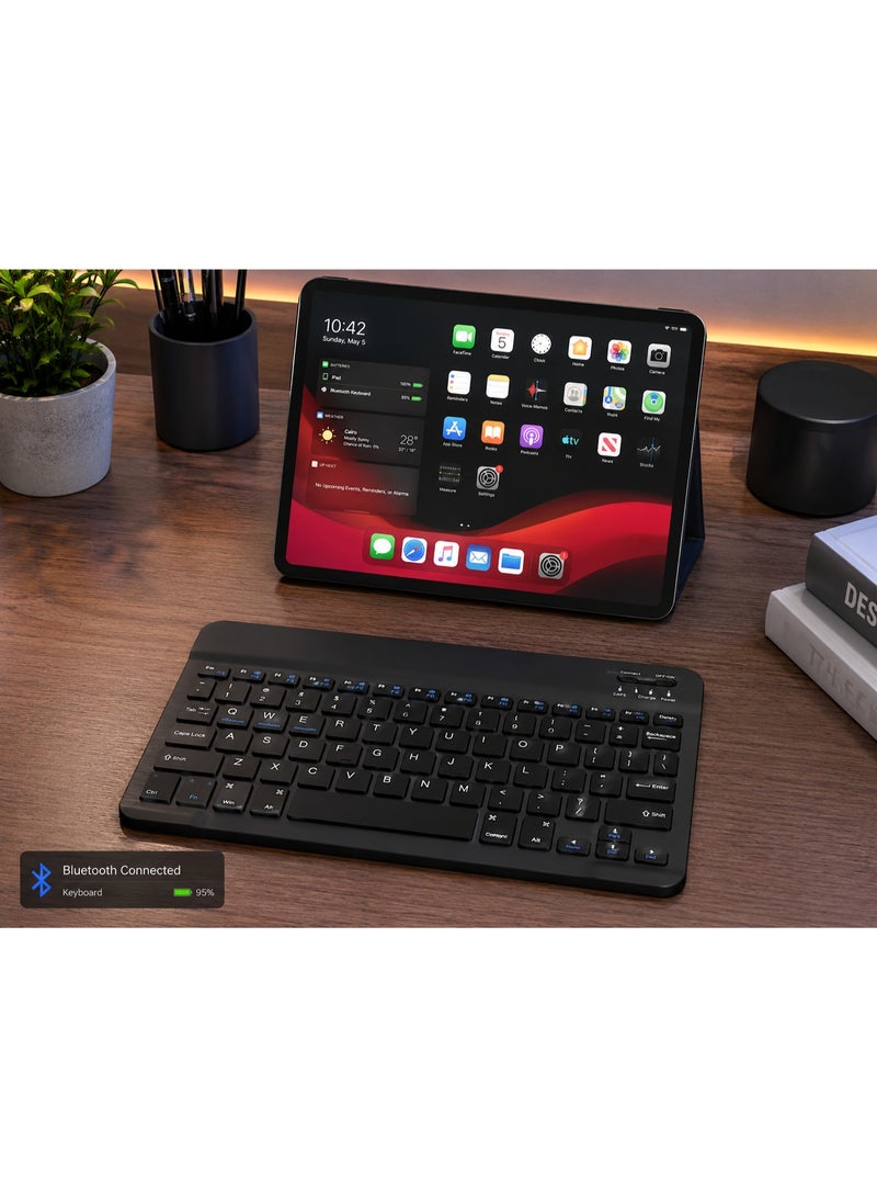 Ultra-Slim Rechargeable Bluetooth Keyboard – Portable Compact Design, Bluetooth 3.0 Wireless Connectivity, 78 Quiet Scissor-Switch Keys with Arabic & English Layout, Aluminum Alloy Base, Built-in Rechargeable Battery with Up to 150 Hours of Use, Auto Sleep Power Saving, Multimedia Hotkeys, Compatible with iOS, Android, Windows, Smart TVs, Tablets & Smartphones – Black - Image 4
