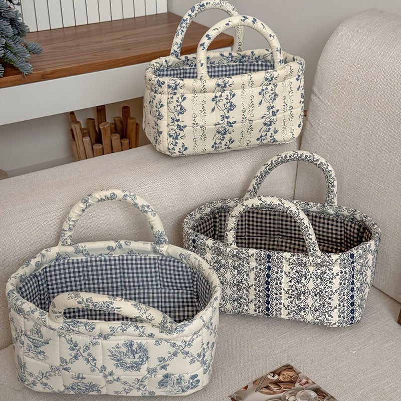 French Vine Storage Basket Small Blue Floral Foldable Fabric Portable Home Decor For Sundries Toiletries Cosmetics Open Storage Bin - Image 1
