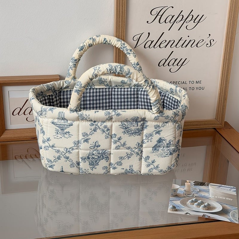 French Vine Storage Basket Small Blue Floral Foldable Fabric Portable Home Decor For Sundries Toiletries Cosmetics Open Storage Bin - Image 2