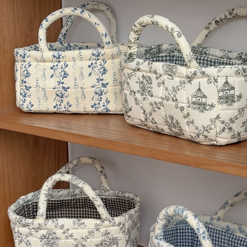 French Vine Storage Basket Small Blue Floral Foldable Fabric Portable Home Decor For Sundries Toiletries Cosmetics Open Storage Bin - Image 4