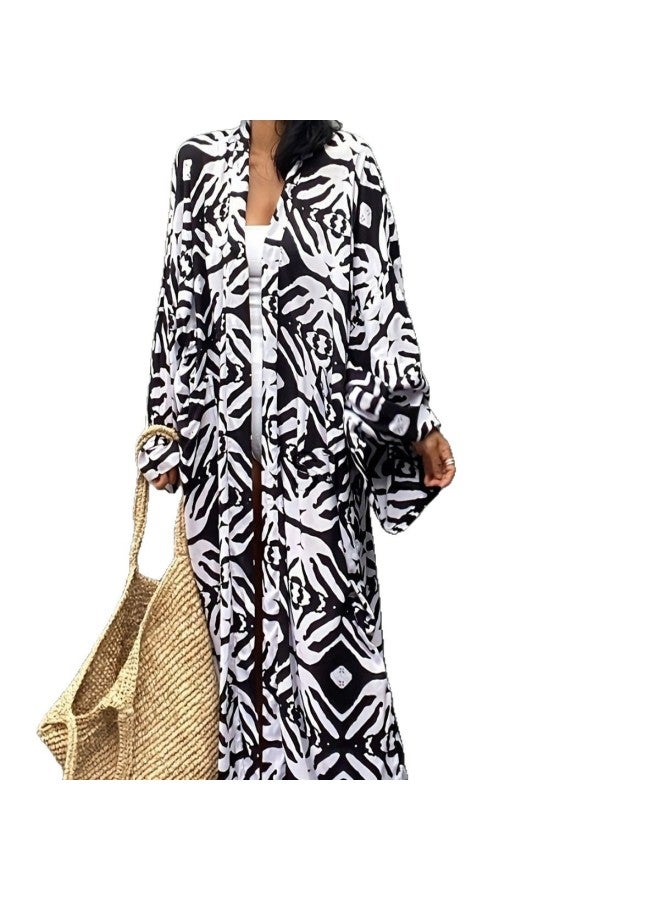 Explosions Beach Blouse Cotton Print Vacation Sun Protection Cardigan Bikini Exterior Blouse Swimsuit Women 1D139-Color:1D139-  - Image 3