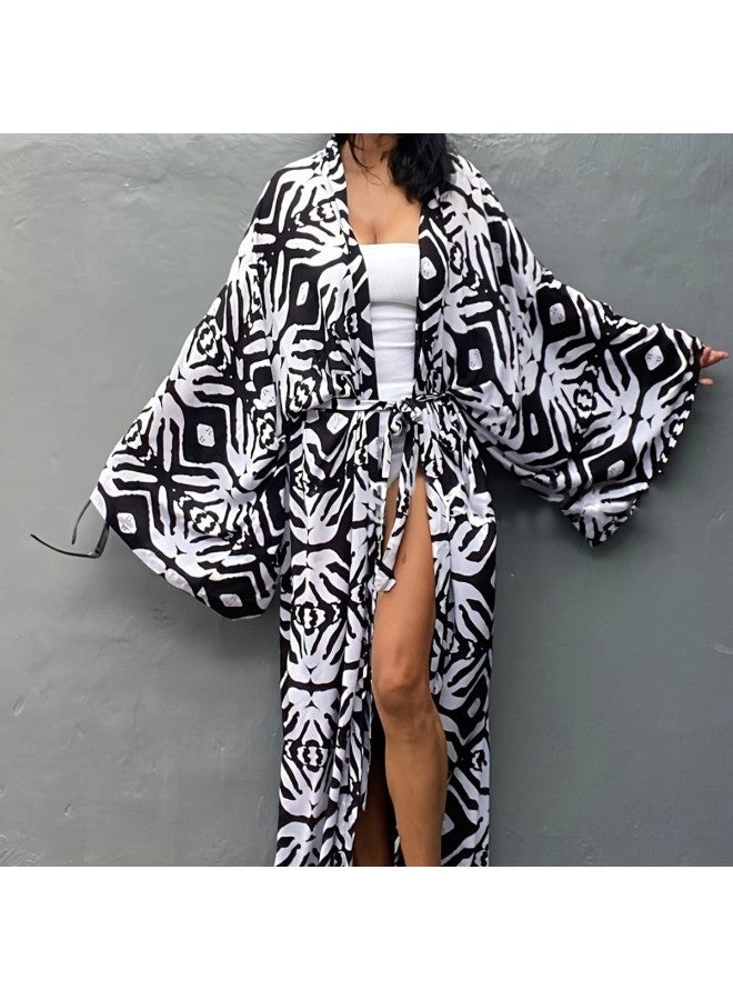 Explosions Beach Blouse Cotton Print Vacation Sun Protection Cardigan Bikini Exterior Blouse Swimsuit Women 1D139-Color:1D139-  - Image 2