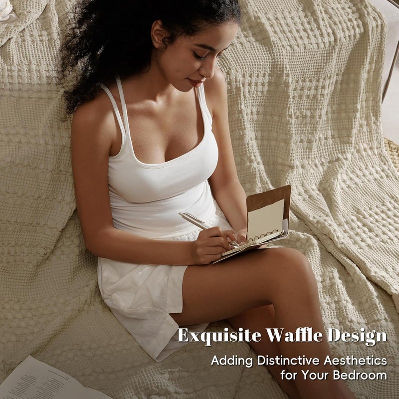 PHF King Size 230cm x 275cm 100% Cotton Waffle Weave Blanket – Pre-Washed Lightweight Breathable Throw for Bed, Couch or Sofa, Oeko-TEX Certified, Khaki - Image 4