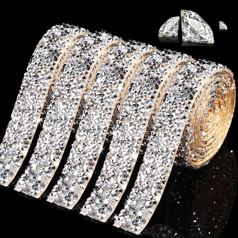 Xinnun 5 Rolls Rhinestone Ribbon Self-Adhesive Crystal Shiny Rhinestone Strips Bling Resin Diamond Ribbon for Mother's Day Decor Art Craft DIY Party(Basic Style,Silver) - Image 1