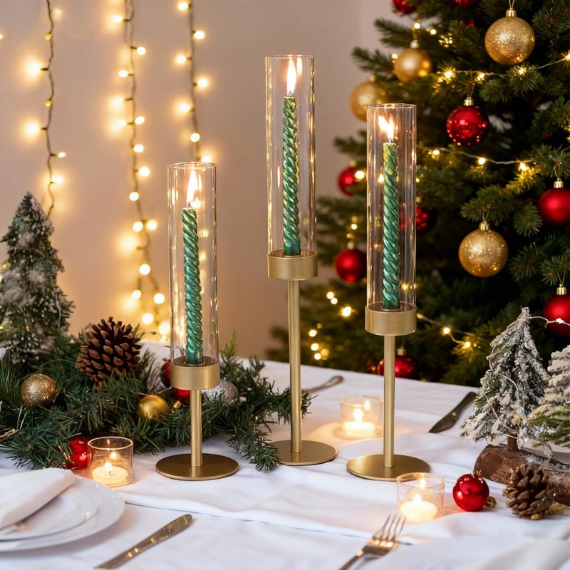 Ronasip Hurricane Candle Holders Set of 6, Matte Gold Metal Taper Candlestick Holders with Clear Glass Chimney Cylinder Tubes, Tall Candle Stands for Wedding, Christmas, Dining Table Centerpiece Decor - Image 2
