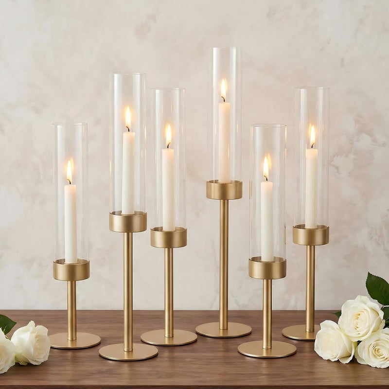 Ronasip Hurricane Candle Holders Set of 6, Matte Gold Metal Taper Candlestick Holders with Clear Glass Chimney Cylinder Tubes, Tall Candle Stands for Wedding, Christmas, Dining Table Centerpiece Decor - Image 1