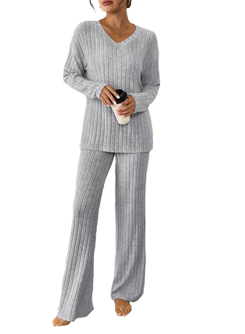 SOLOBUY Women's pajama set, Soft and Comfy, Color Gray, Long Sleeve, Pants - Image 1