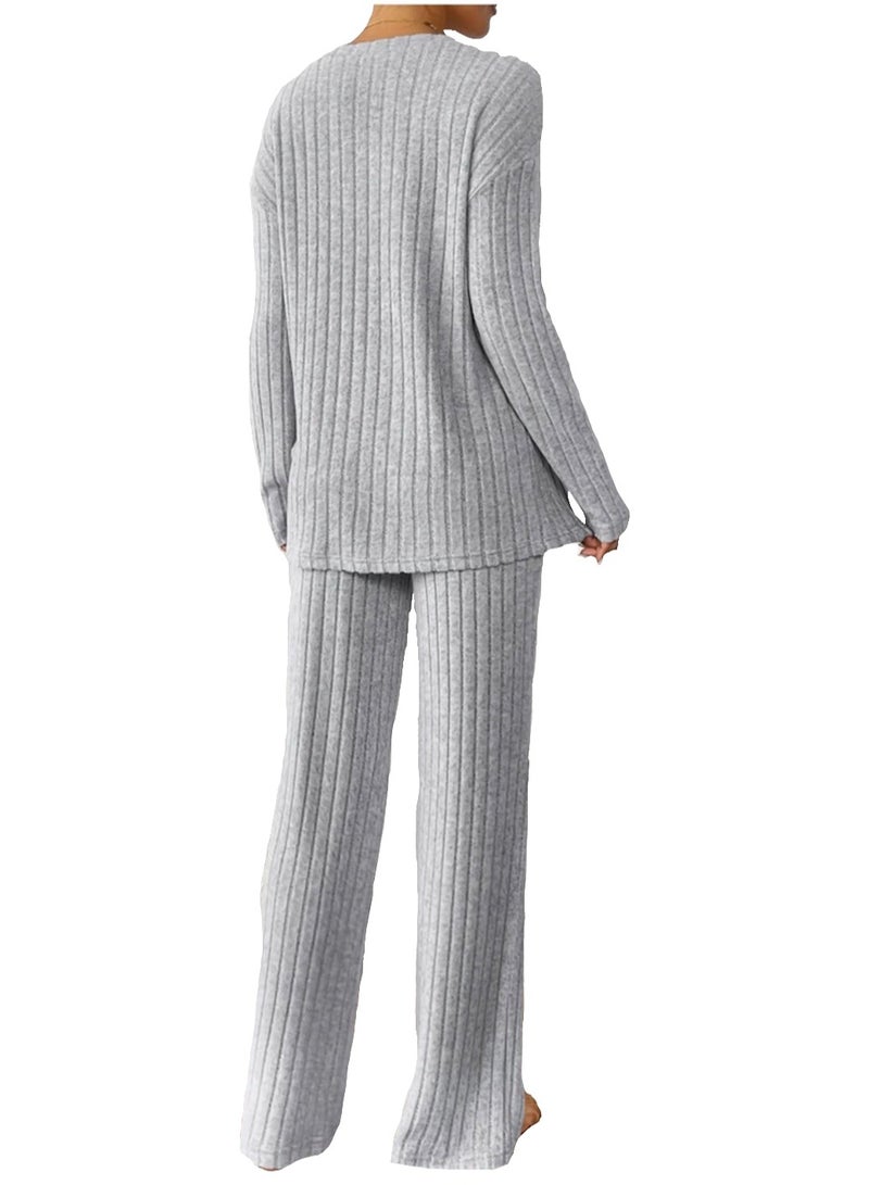 SOLOBUY Women's pajama set, Soft and Comfy, Color Gray, Long Sleeve, Pants - Image 2