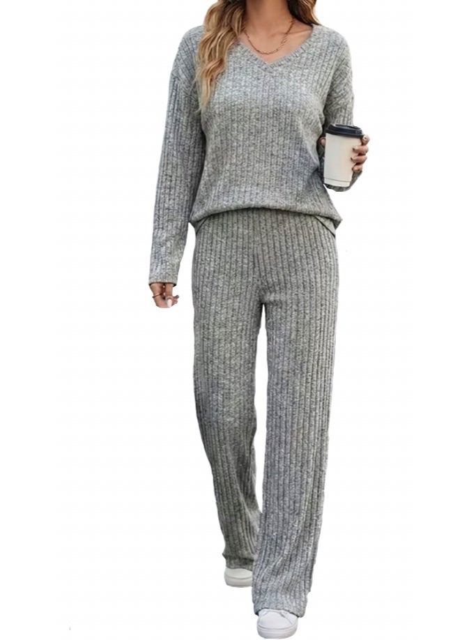 SOLOBUY Women's pajama set, Soft and Comfy, Color Gray, Long Sleeve, Pants - Image 1