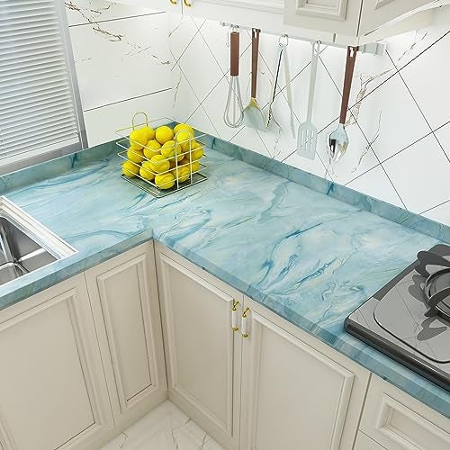 Bumoo Blue Marble Wallpaper 16"×236" Peel and Stick Contact Paper Blue and Gold Self Adhesive Granite Glossy Ocean Pattern Vinyl Waterproof Removable Sticker for Countertops Meeting Room Bedroom Bathroom - Image 3
