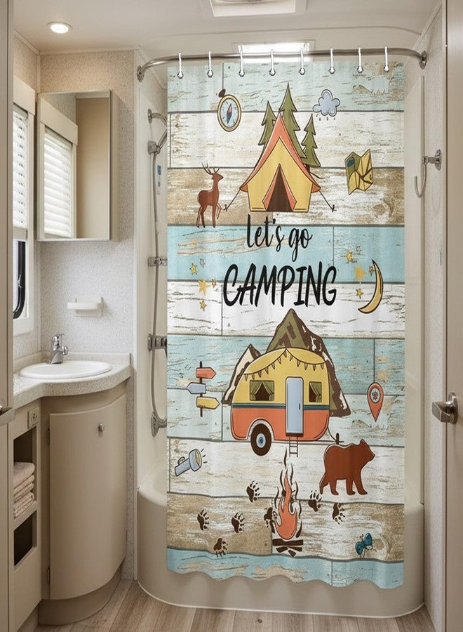 Jipusai RV Shower Curtain, Retro Rustic Wood Happy Camper, Travel Trailer Camping Stall Shower Curtain, Waterproof Fabric, Small Size Narrow, 47X64IN - Image 1