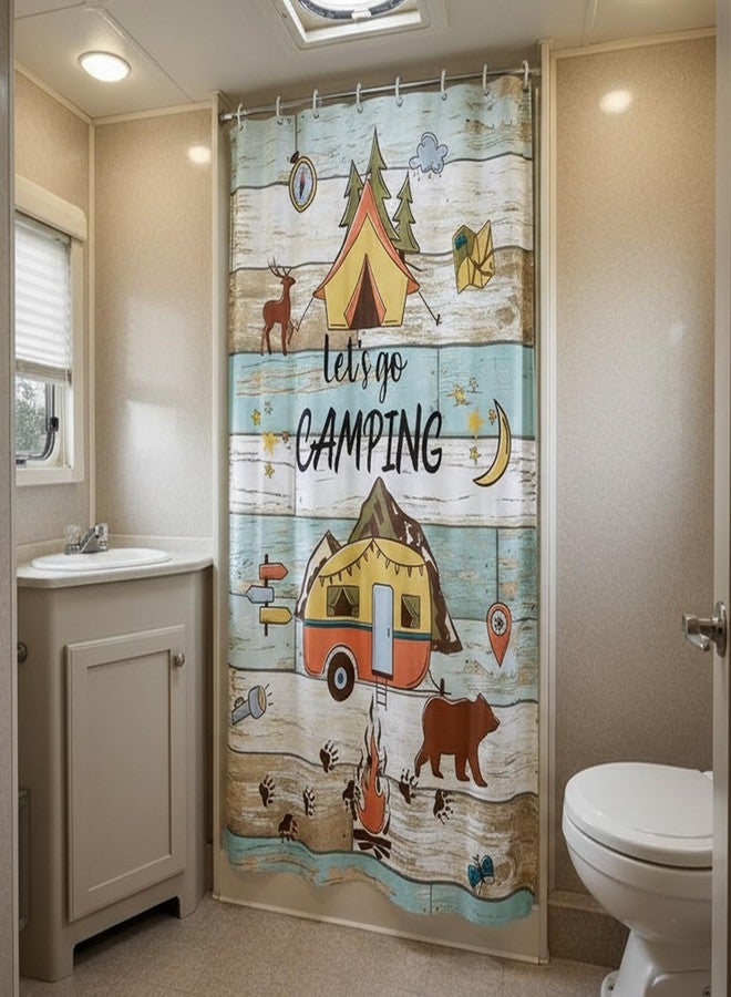 Jipusai RV Shower Curtain, Retro Rustic Wood Happy Camper, Travel Trailer Camping Stall Shower Curtain, Waterproof Fabric, Small Size Narrow, 47X64IN - Image 2