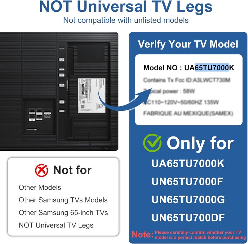 Varghesyla أقدام تلفزيون لسامسونج، حصريًا فقط لسامسونج UA65TU7000K UN65TU7000F UN65TU7000G UN65TU700DF أقدام بديلة لتلفزيون موديل 2020، ليست عالمية، ليست للموديلات الأ��رى، مع أربطة كابلات، تركيب بدون براغي - Image 2