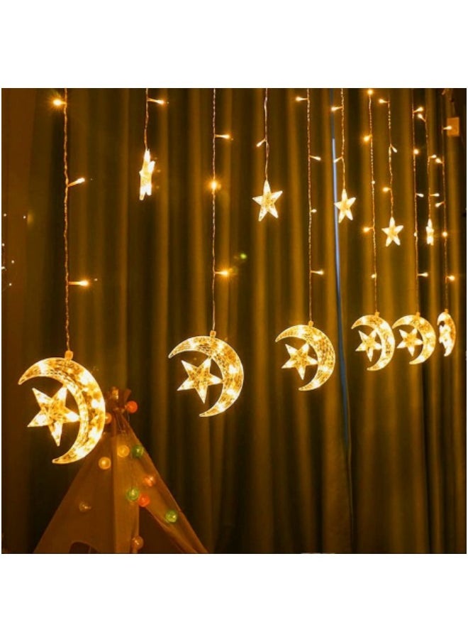GGEROU - Solar Star Moon String Lights Outdoor ,138 LED Solar Powered Curtain Lights LED Stringlights,8 Lighting Modes Waterproof Twinkle Fairy Lights, Warm Light - Image 1