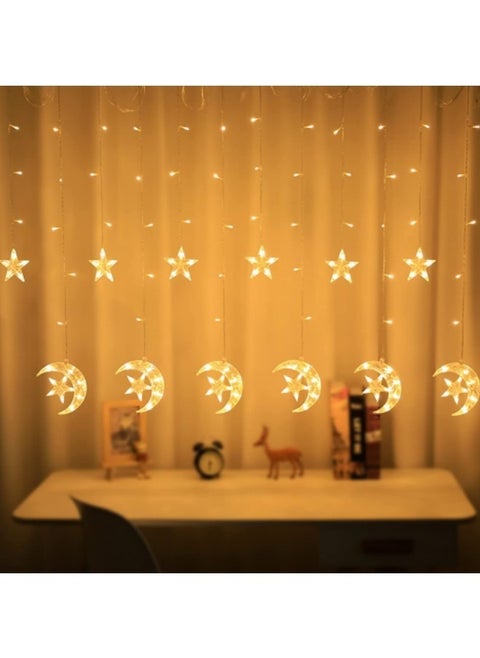Solar Star Moon String Lights Outdoor ,138 LED Solar Powered Curtain Lights LED Stringlights,8 Lighting Modes Waterproof Twinkle Fairy Lights, Warm Light