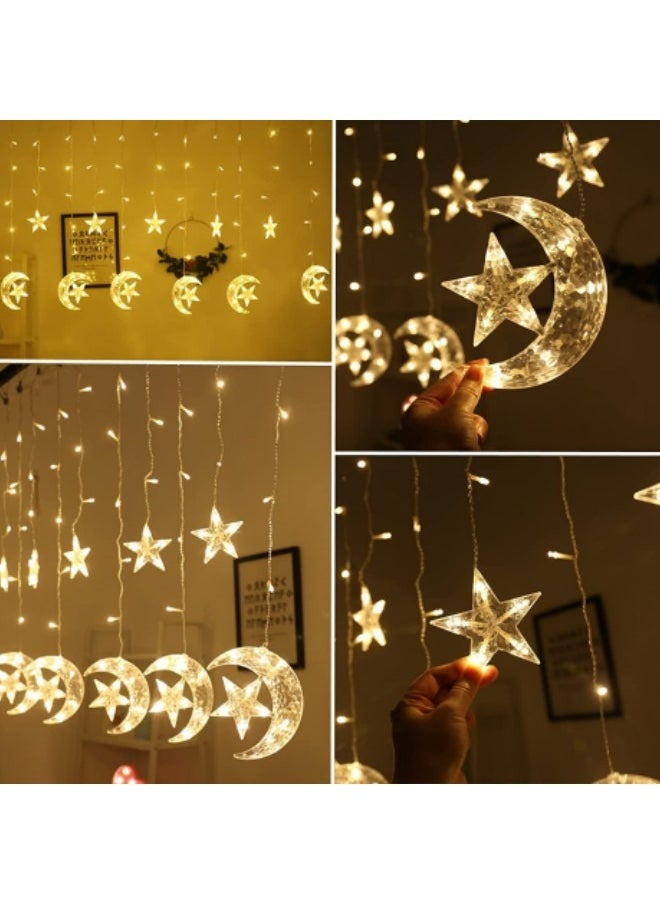 GGEROU - Solar Star Moon String Lights Outdoor ,138 LED Solar Powered Curtain Lights LED Stringlights,8 Lighting Modes Waterproof Twinkle Fairy Lights, Warm Light - Image 1