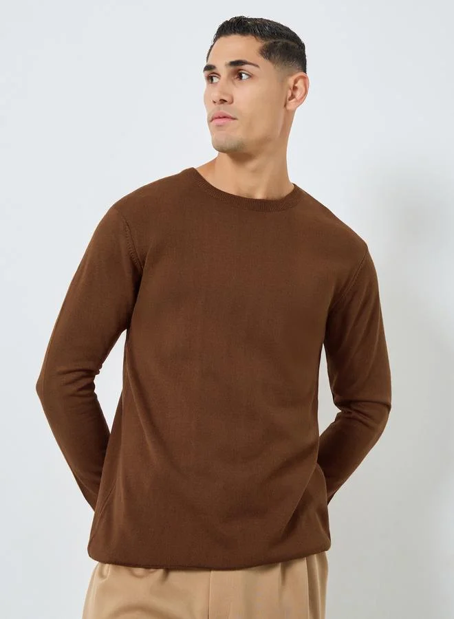 Styli Men Brown Knitted Long Sleeve Sweater