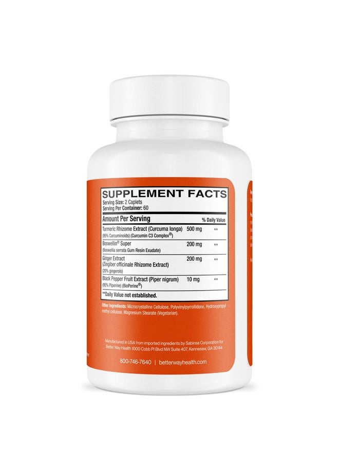 Better Way Health - Better Way Health Curcumin Plus - Curcumin C3® Complex + Boswellin® Super + BioPerine® + Ginger - 120 Caplets - Image 1