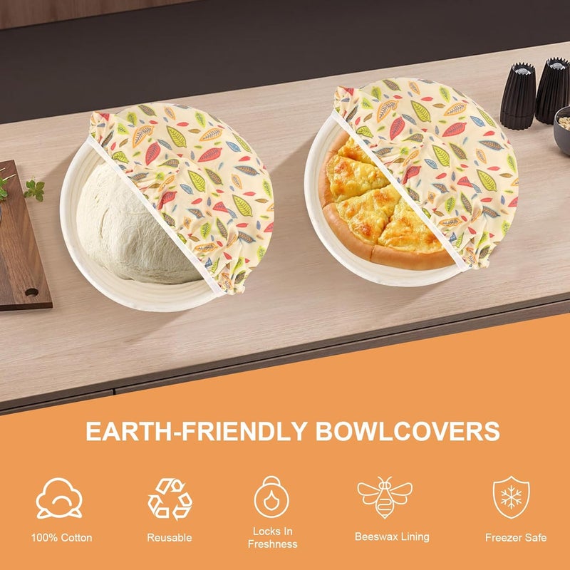 BERBAM Reusable Bowl Covers for Bread Proofing（2 Large）- Cotton Beeswax Bowl Covers Reusable with Elastic Rim, Sourdough Bowl Cover for Food Storage and Food Preservation (10INCH) (leaves) - Image 3