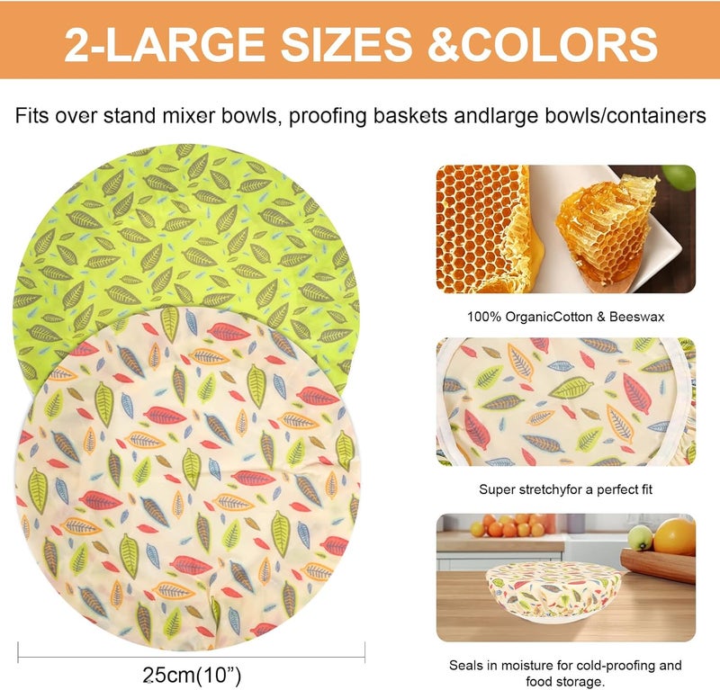 BERBAM Reusable Bowl Covers for Bread Proofing（2 Large）- Cotton Beeswax Bowl Covers Reusable with Elastic Rim, Sourdough Bowl Cover for Food Storage and Food Preservation (10INCH) (leaves) - Image 2