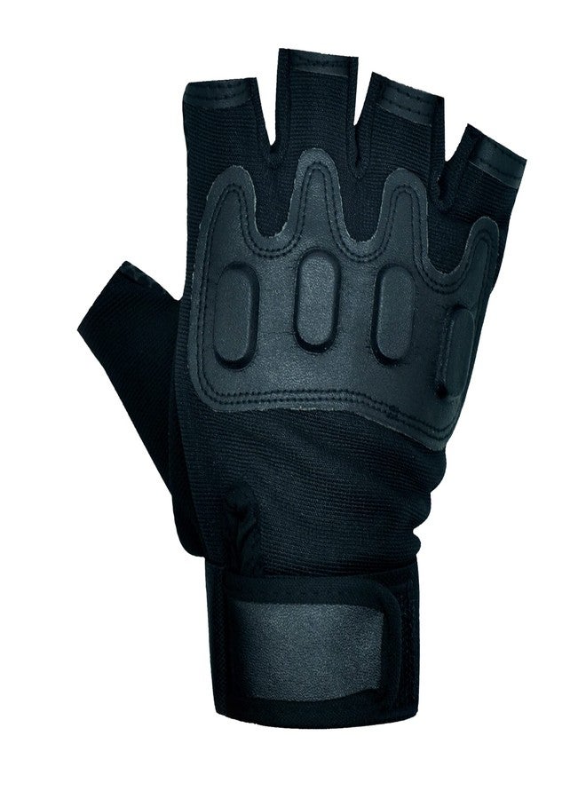 ZaySoo Nylon Tactical Leather Gym Gloves for Professional Weightlifting, Fitness Training and Workout | with Half-Finger Length, Wrist Wrap for Protection | and Tactical Thumb - Black - Image 2