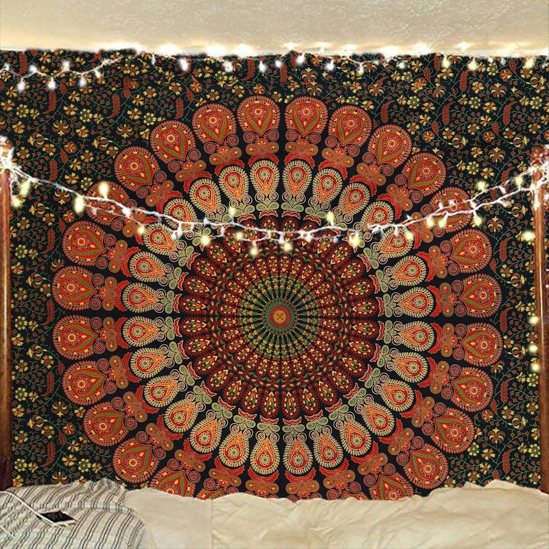 Bless International Indian Hippie Bohemian Psychedelic Peacock Mandala Wall Hanging Bed Linen Tapestry (Golden Green, Twin (137 x 182 Inches) (140 x 185 cm) - Image 1